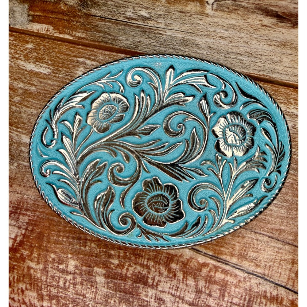 Western Floral Scroll Oval Belt Buckle Turquoise Blue Silver Tone Cowgirl Boho